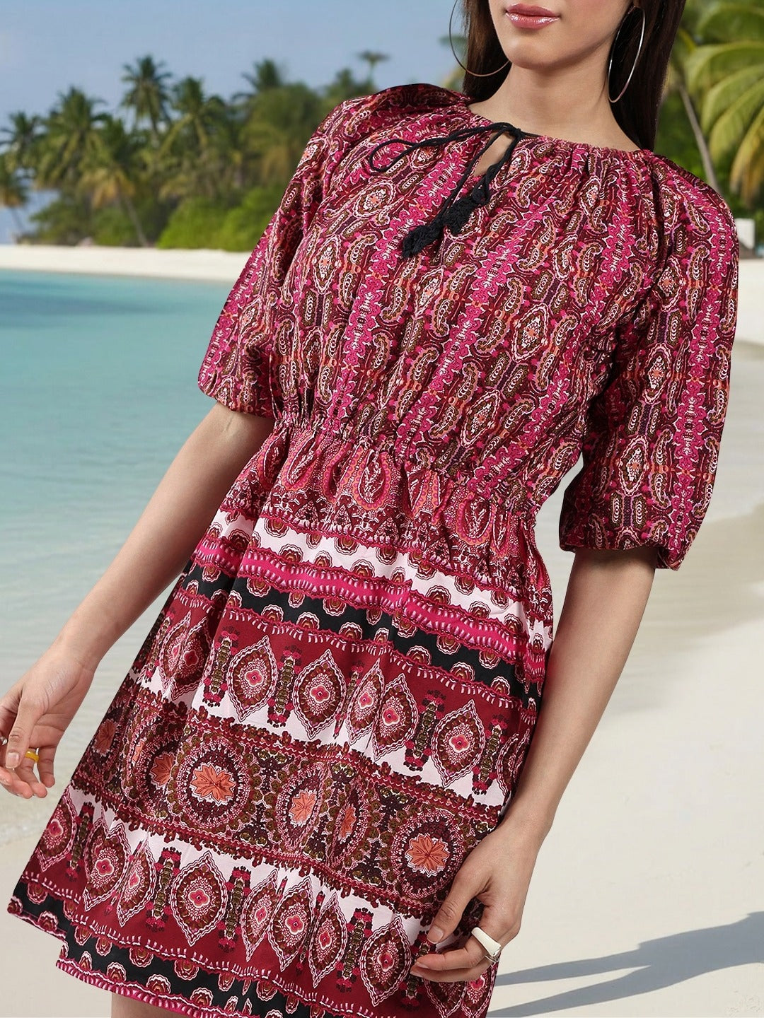 Ethnic Motifs Print Tie-Up Neck Puff Sleeve Crepe Fit & Flare Mini Dress