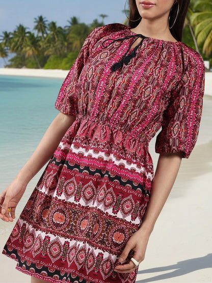 Ethnic Motifs Print Tie-Up Neck Puff Sleeve Crepe Fit & Flare Mini Dress