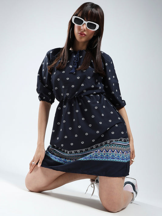 Navy Printed Tailored Dress