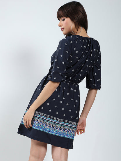 Navy Printed Tailored Dress