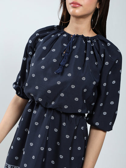 Navy Printed Tailored Dress