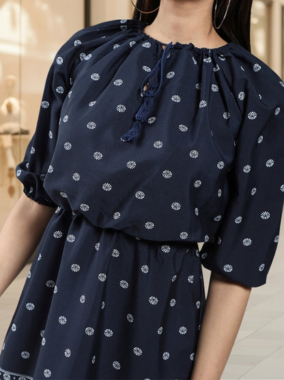 Ethnic Motifs Print Tie-Up Neck Puff Sleeve Crepe Fit & Flare Mini Dress