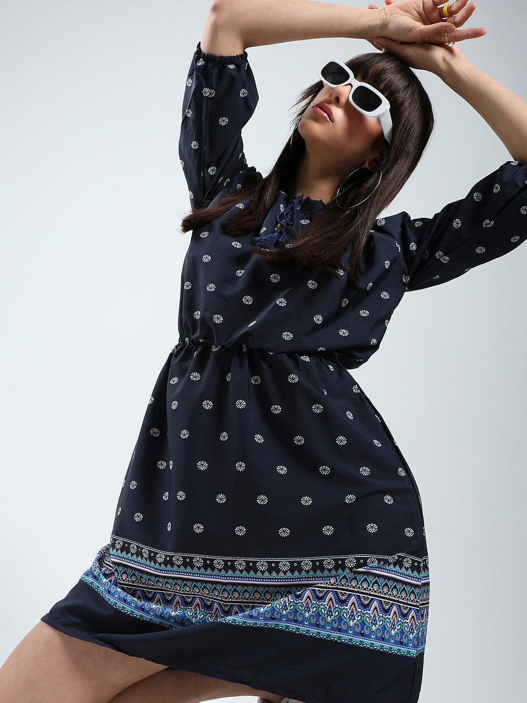 Navy Printed Tailored Dress