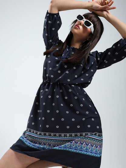 Navy Printed Tailored Dress