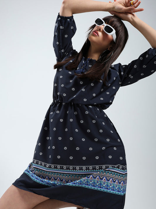 Navy Ethnic Motifs Printed Elasticated Waist Dress
