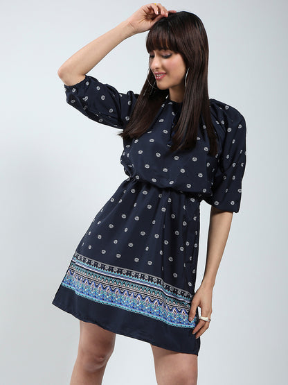Navy Printed Tailored Dress