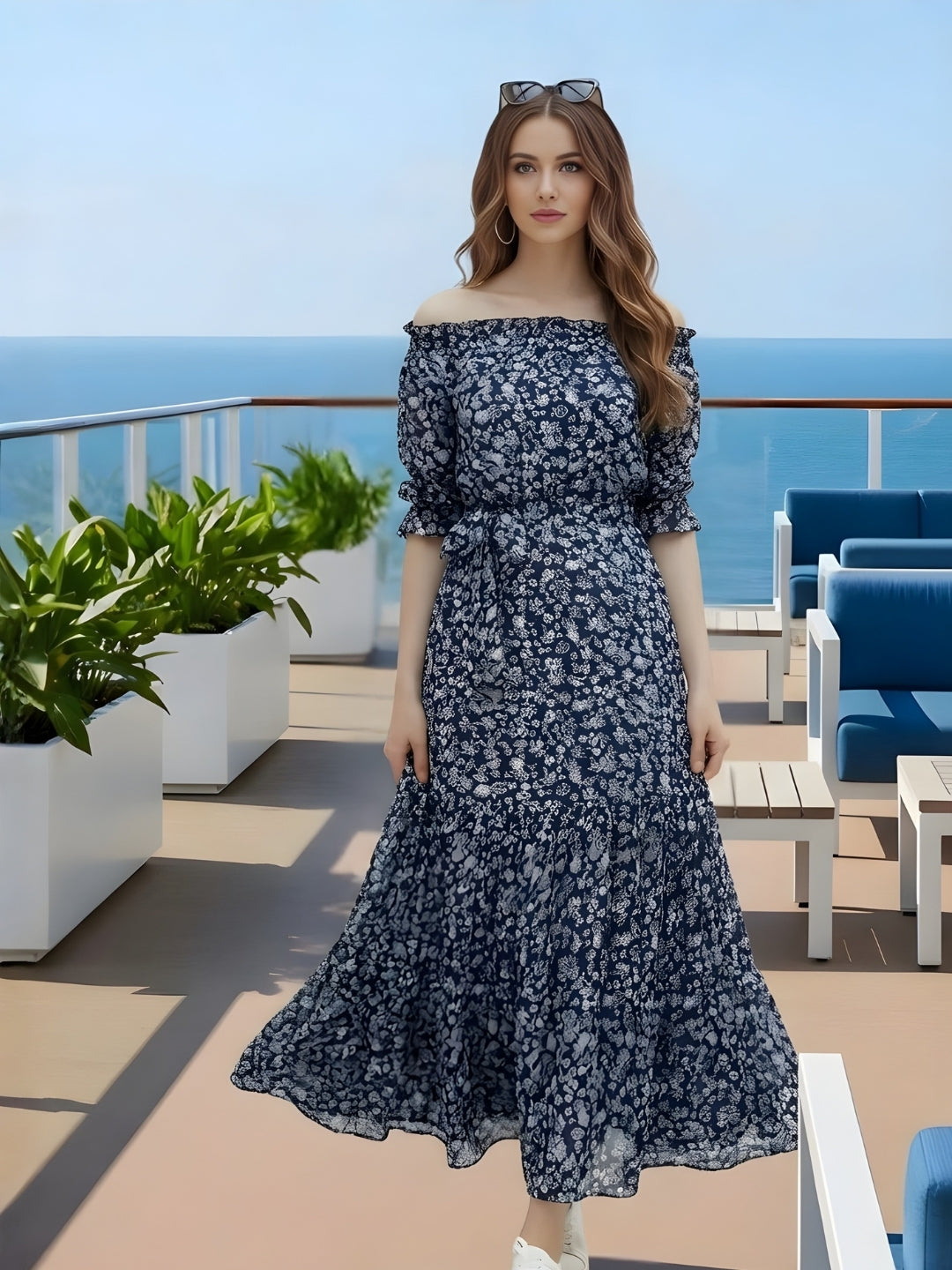 Navy Long Off shoulder dress