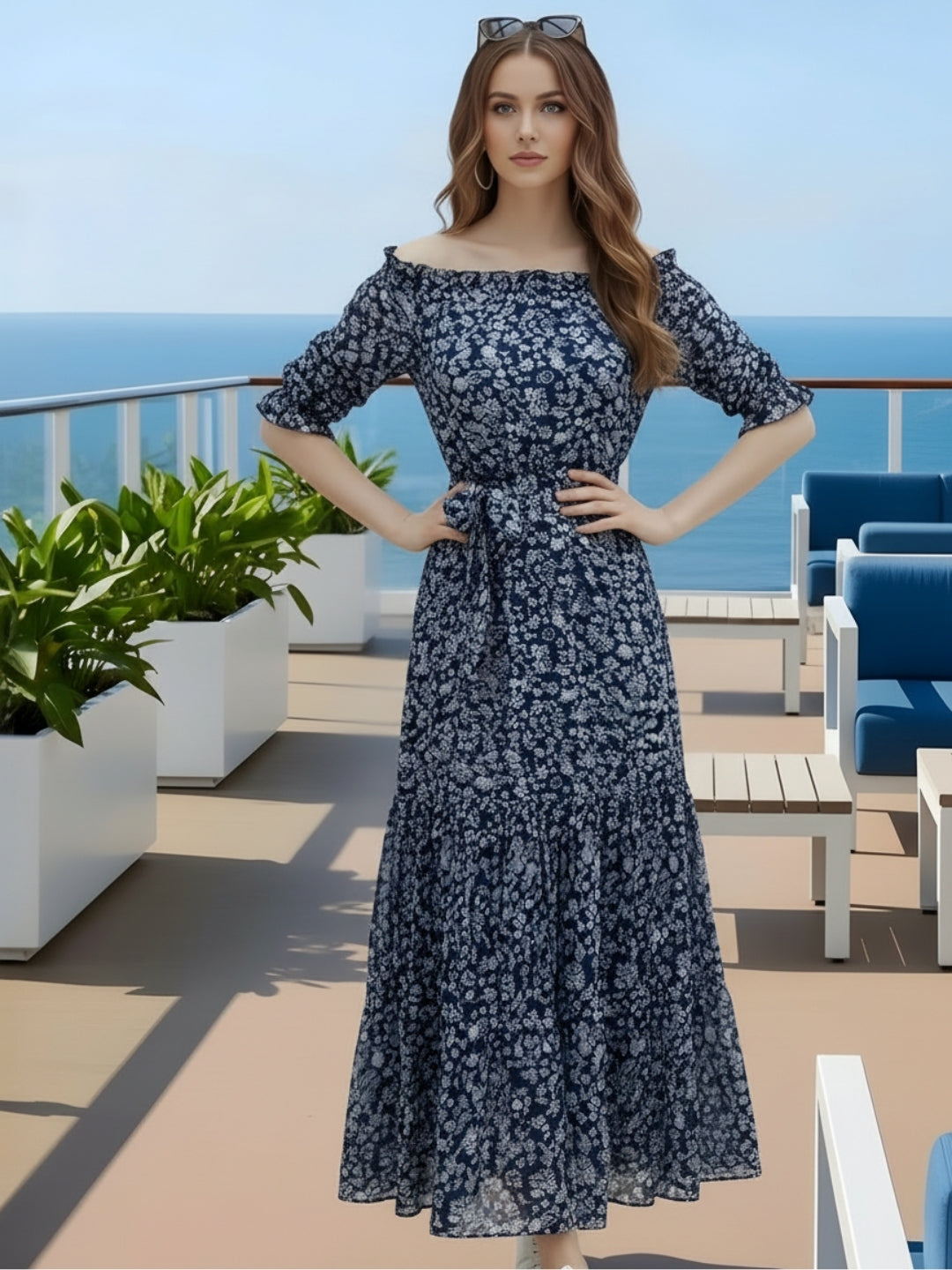 Navy Long Off shoulder dress