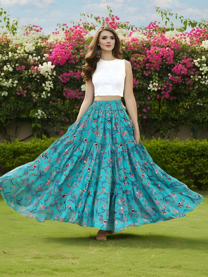 Teal Green Printed Flared Long Skirt  Trendy Boho Maxi Skirt for Women  Summer & Festive Wear Skirt