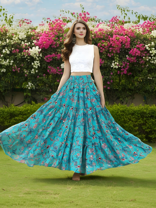 Teal Green Printed Flared Long Skirt  Trendy Boho Maxi Skirt for Women  Summer & Festive Wear Skirt