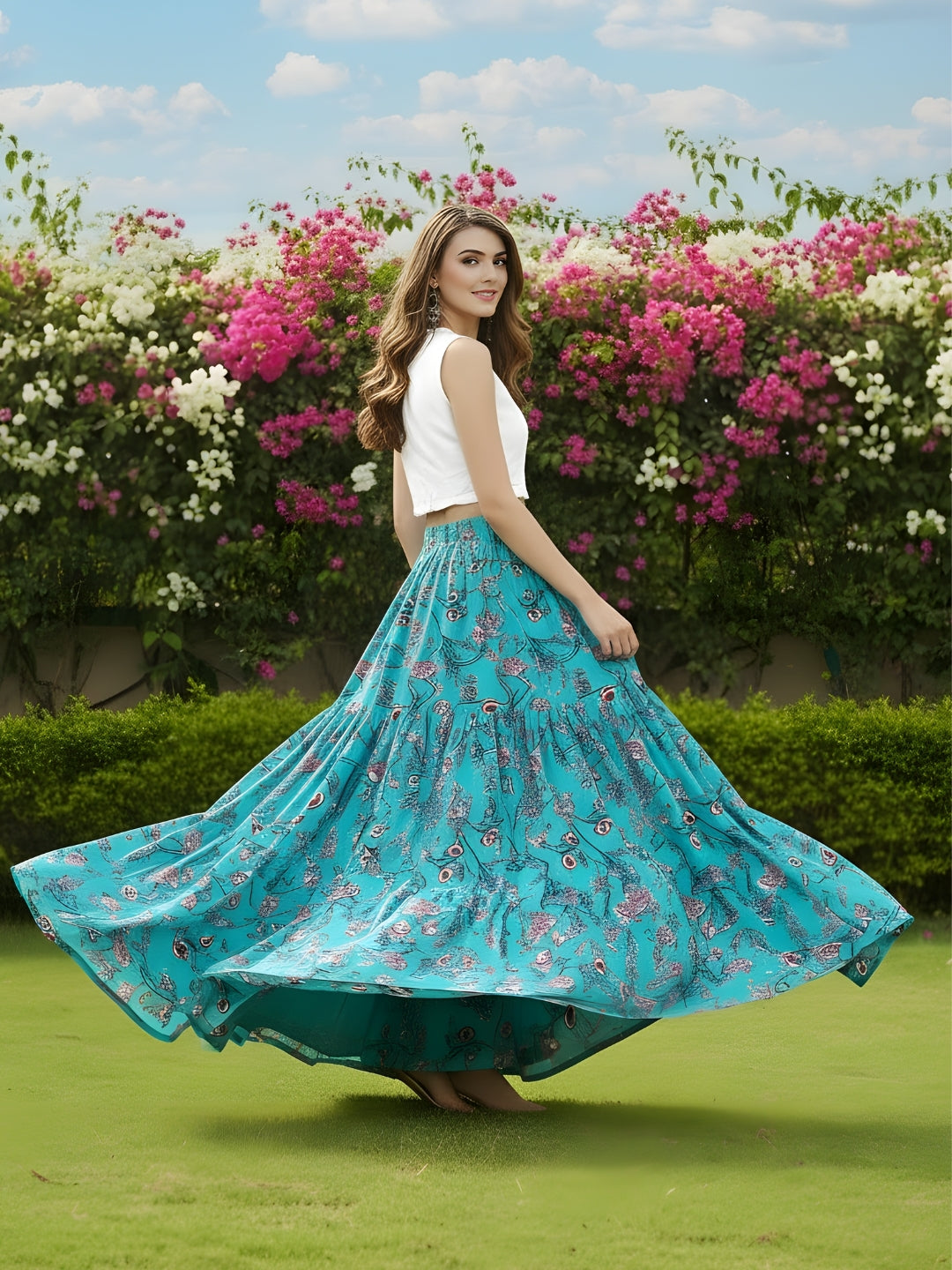 Teal Green Printed Flared Long Skirt  Trendy Boho Maxi Skirt for Women  Summer & Festive Wear Skirt