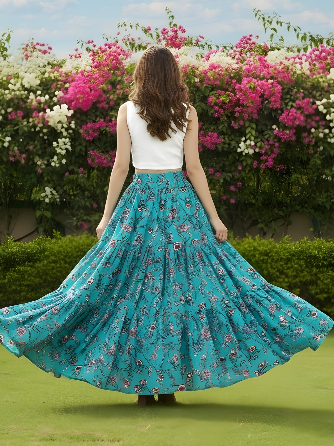 Teal Green Printed Flared Long Skirt  Trendy Boho Maxi Skirt for Women  Summer & Festive Wear Skirt