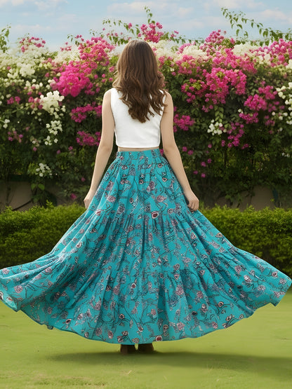 Teal Green Printed Flared Long Skirt  Trendy Boho Maxi Skirt for Women  Summer & Festive Wear Skirt