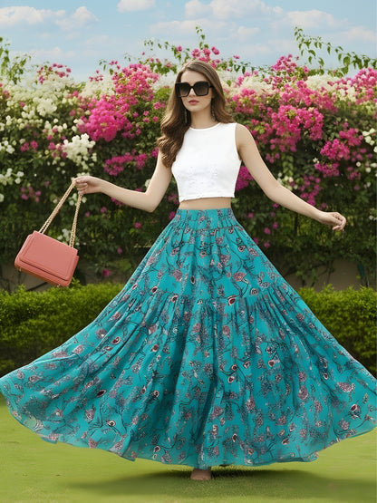 Teal Green Printed Flared Long Skirt  Trendy Boho Maxi Skirt for Women  Summer & Festive Wear Skirt