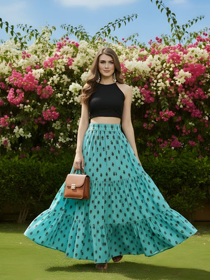 Aqua Blue Printed Flared Skirt  Stylish Long Skirt for Women  Casual & Festive Wear Skirt