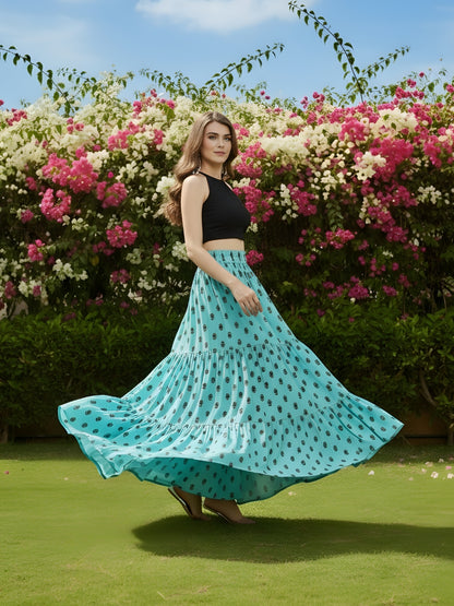 Aqua Blue Printed Flared Skirt  Stylish Long Skirt for Women  Casual & Festive Wear Skirt