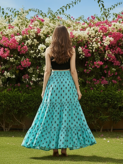 Aqua Blue Printed Flared Skirt  Stylish Long Skirt for Women  Casual & Festive Wear Skirt