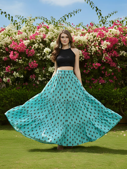 Aqua Blue Printed Flared Skirt  Stylish Long Skirt for Women  Casual & Festive Wear Skirt