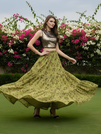 Olive Green Floral Long Skirt with Golden Sequin Crop Top  Designer Party Wear Indo Western Outfit for Women