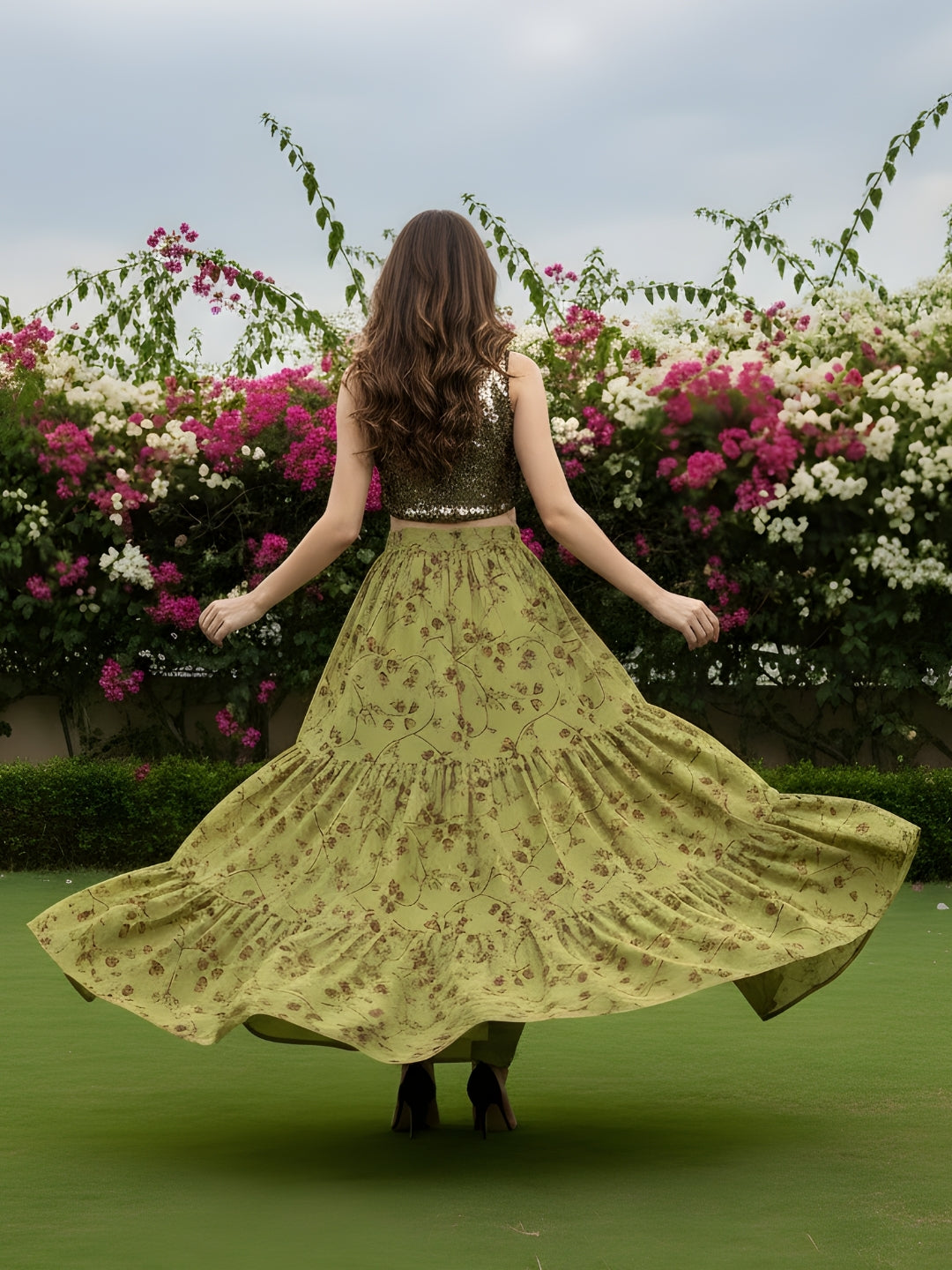 Olive Green Floral Long Skirt with Golden Sequin Crop Top  Designer Party Wear Indo Western Outfit for Women