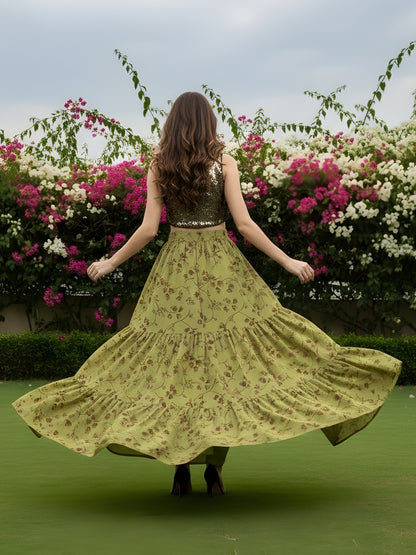 Olive Green Floral Long Skirt with Golden Sequin Crop Top  Designer Party Wear Indo Western Outfit for Women