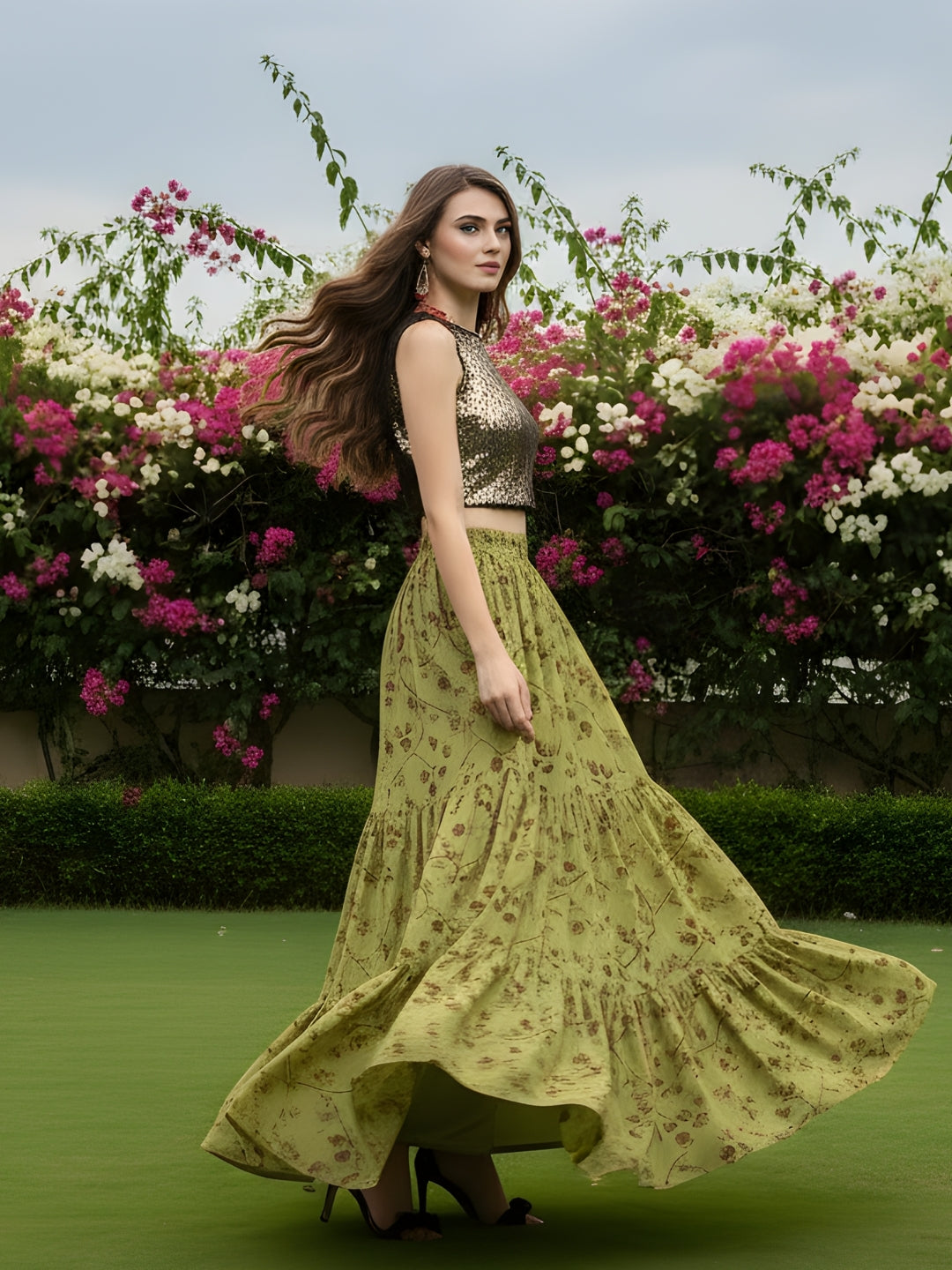 Olive Green Floral Long Skirt with Golden Sequin Crop Top  Designer Party Wear Indo Western Outfit for Women