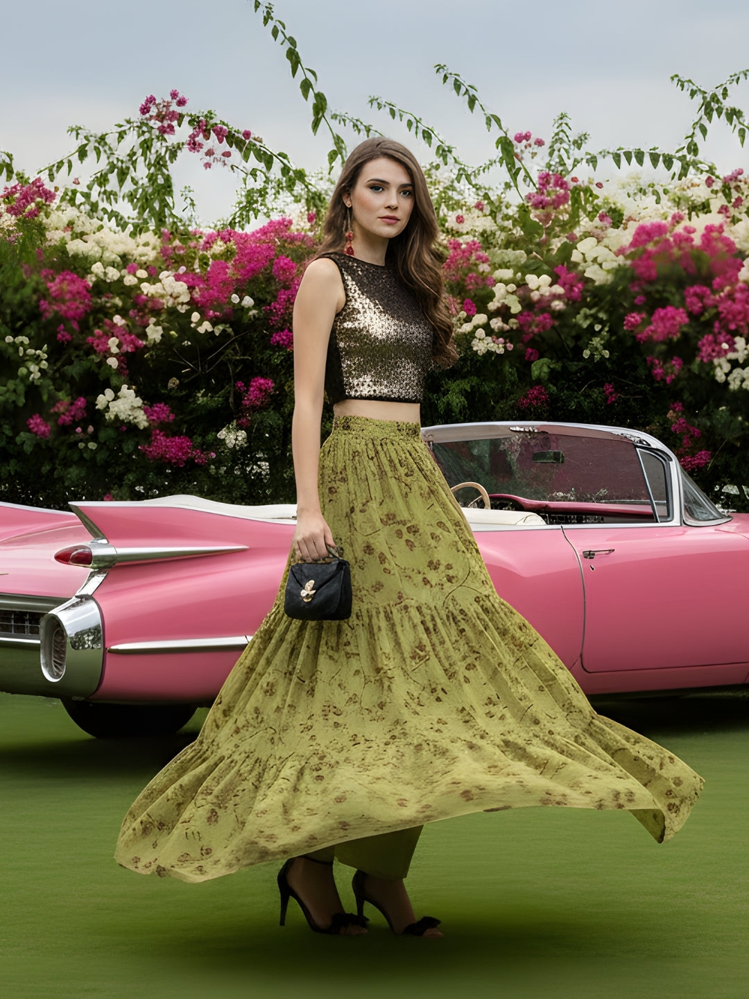 Olive Green Floral Long Skirt with Golden Sequin Crop Top  Designer Party Wear Indo Western Outfit for Women