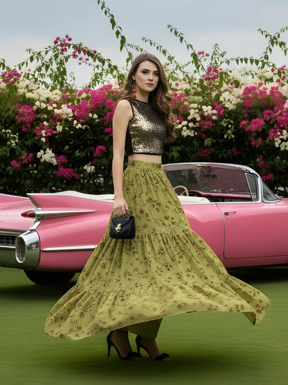 Olive Green Floral Long Skirt with Golden Sequin Crop Top  Designer Party Wear Indo Western Outfit for Women