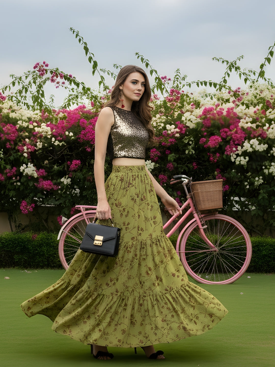 Olive Green Floral Long Skirt with Golden Sequin Crop Top  Designer Party Wear Indo Western Outfit for Women