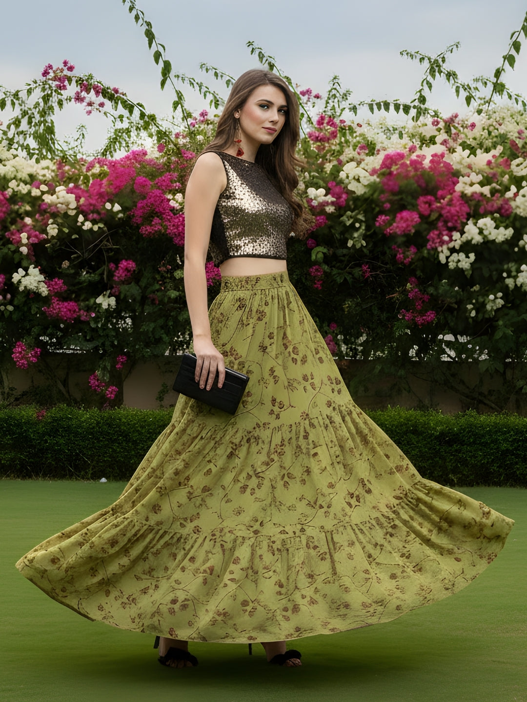 Olive Green Floral Long Skirt with Golden Sequin Crop Top  Designer Party Wear Indo Western Outfit for Women