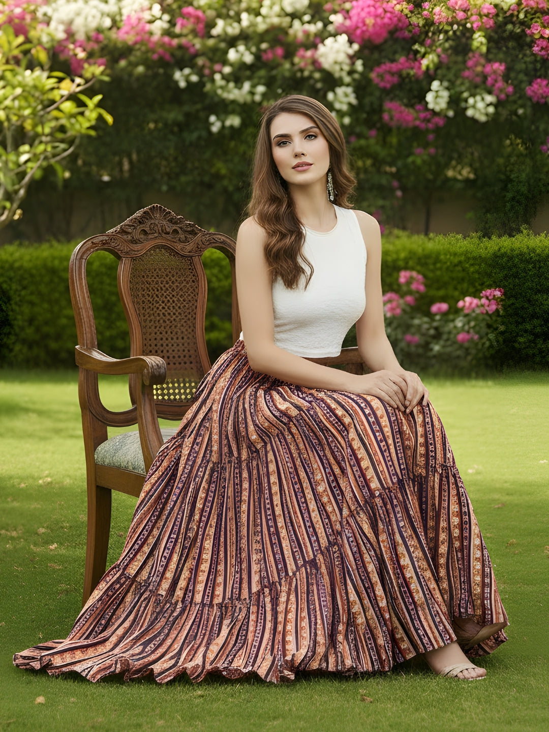 Multicolor Striped Long Skirt with White Crop Top  Stylish Party Wear Indo Western Outfit for Women