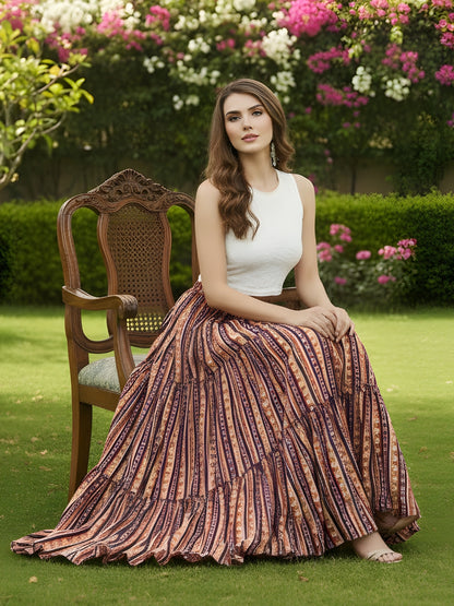 Multicolor Striped Long Skirt with White Crop Top  Stylish Party Wear Indo Western Outfit for Women