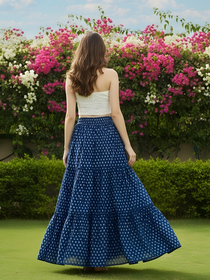 Navy Blue Printed Long Skirt with White Crop Top  Stylish Indo Western Party Wear Outfit for Women