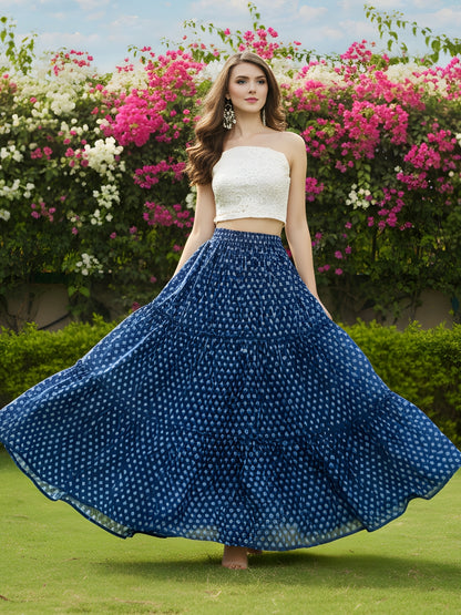 Navy Blue Printed Long Skirt with White Crop Top  Stylish Indo Western Party Wear Outfit for Women