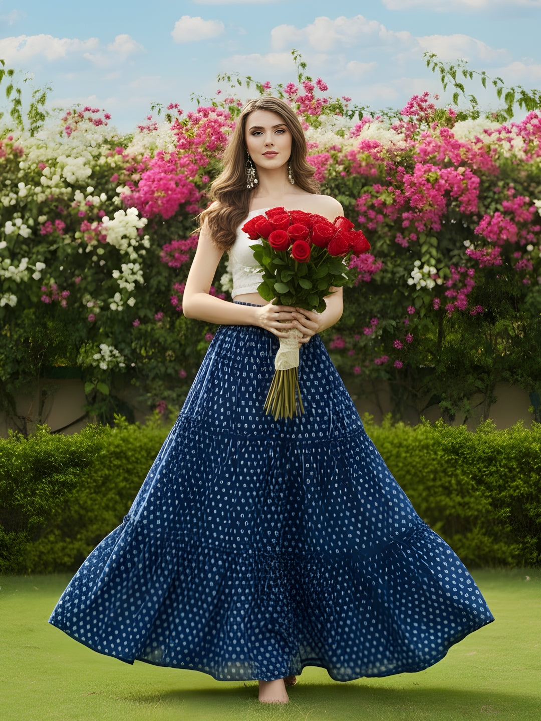 Navy Blue Printed Long Skirt with White Crop Top  Stylish Indo Western Party Wear Outfit for Women
