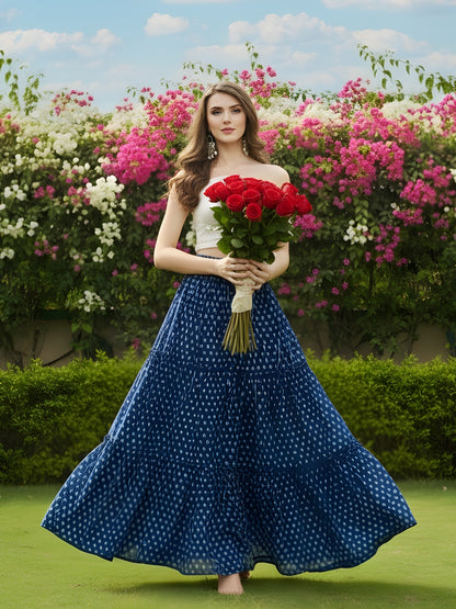 Navy Blue Printed Long Skirt with White Crop Top  Stylish Indo Western Party Wear Outfit for Women