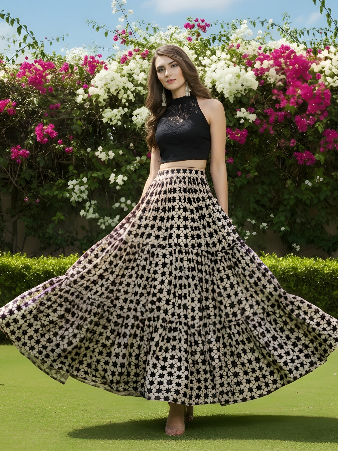Chic Black & Beige Printed Maxi Skirt for Women  Bohemian Long Skirt  Trendy Summer Fashion Look