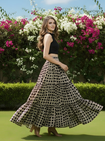 Chic Black & Beige Printed Maxi Skirt for Women  Bohemian Long Skirt  Trendy Summer Fashion Look