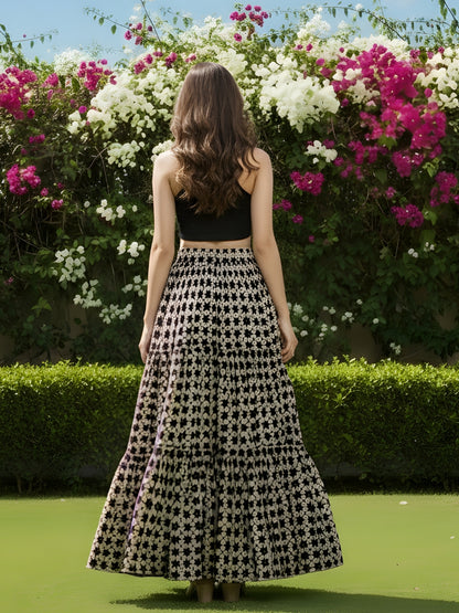 Chic Black & Beige Printed Maxi Skirt for Women  Bohemian Long Skirt  Trendy Summer Fashion Look