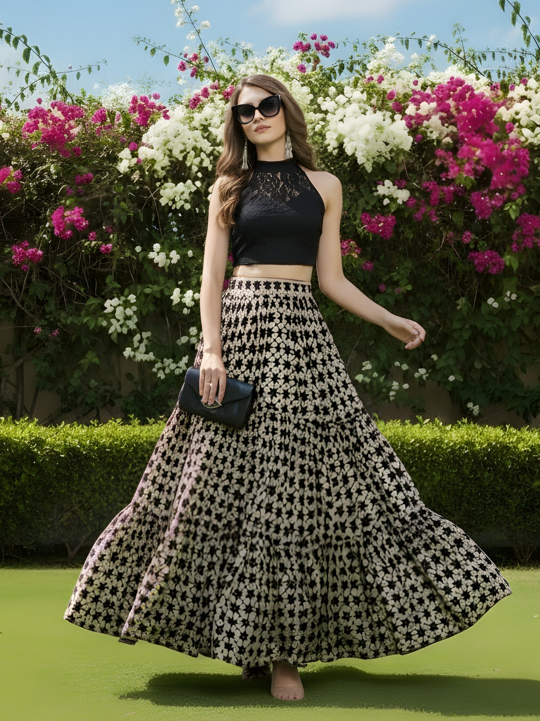 Chic Black & Beige Printed Maxi Skirt for Women  Bohemian Long Skirt  Trendy Summer Fashion Look