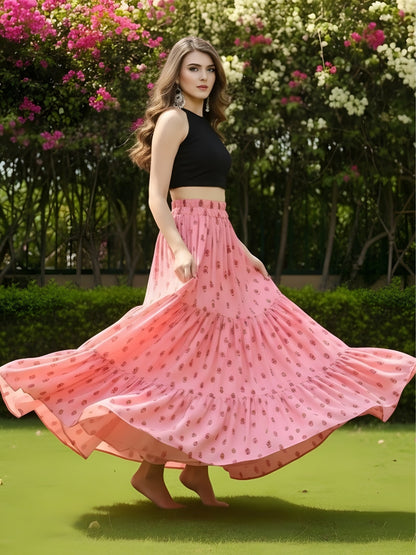 Pink Printed Long Skirt with Black Crop Top  Stylish Indo Western Party Wear Outfit for Women