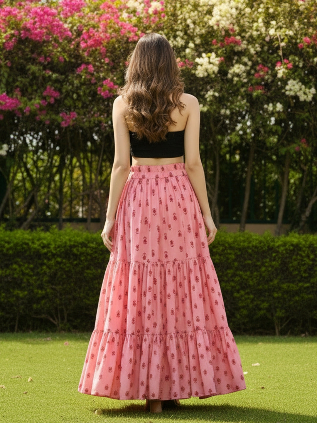 Pink Printed Long Skirt with Black Crop Top  Stylish Indo Western Party Wear Outfit for Women