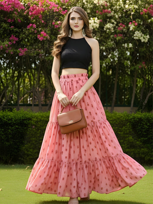 Pink Printed Long Skirt with Black Crop Top  Stylish Indo Western Party Wear Outfit for Women
