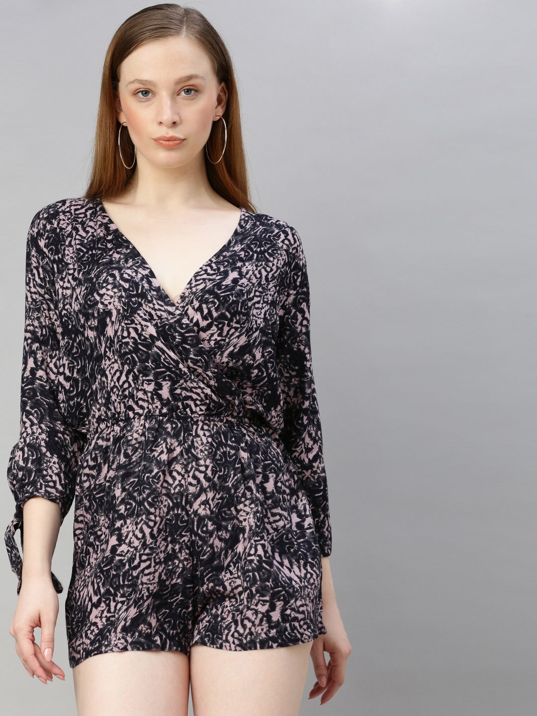 Black & Grey Printed Playsuit with Wrap Front Tie Knot