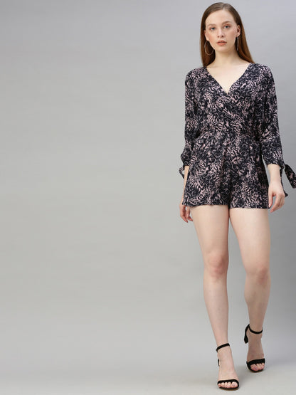 Black & Grey Printed Playsuit with Wrap Front Tie Knot