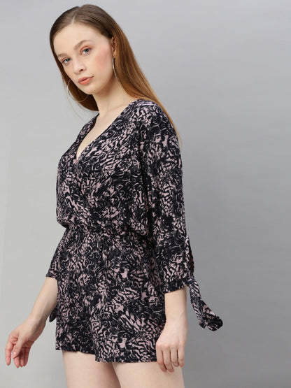 Black & Grey Printed Playsuit with Wrap Front Tie Knot