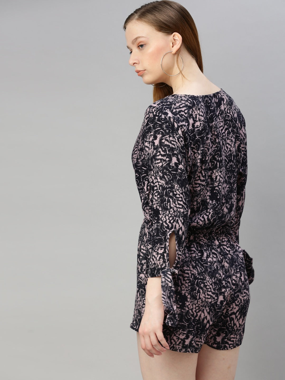 Black & Grey Printed Playsuit with Wrap Front Tie Knot