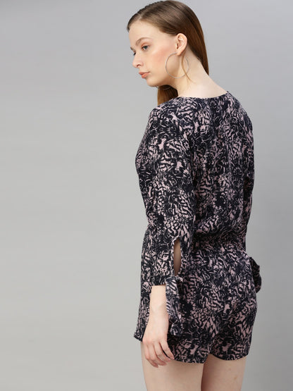 Black & Grey Printed Playsuit with Wrap Front Tie Knot