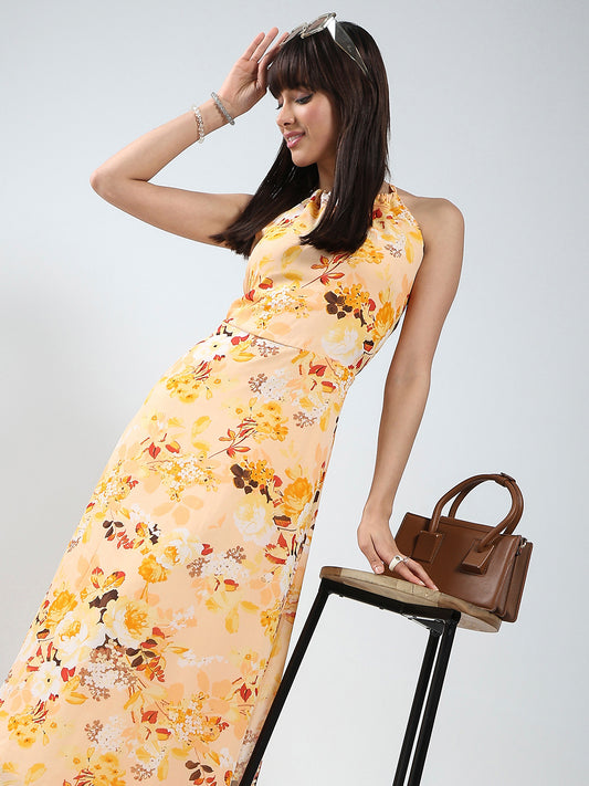 Backless Yellow Floral Maxi A-Line Dress
