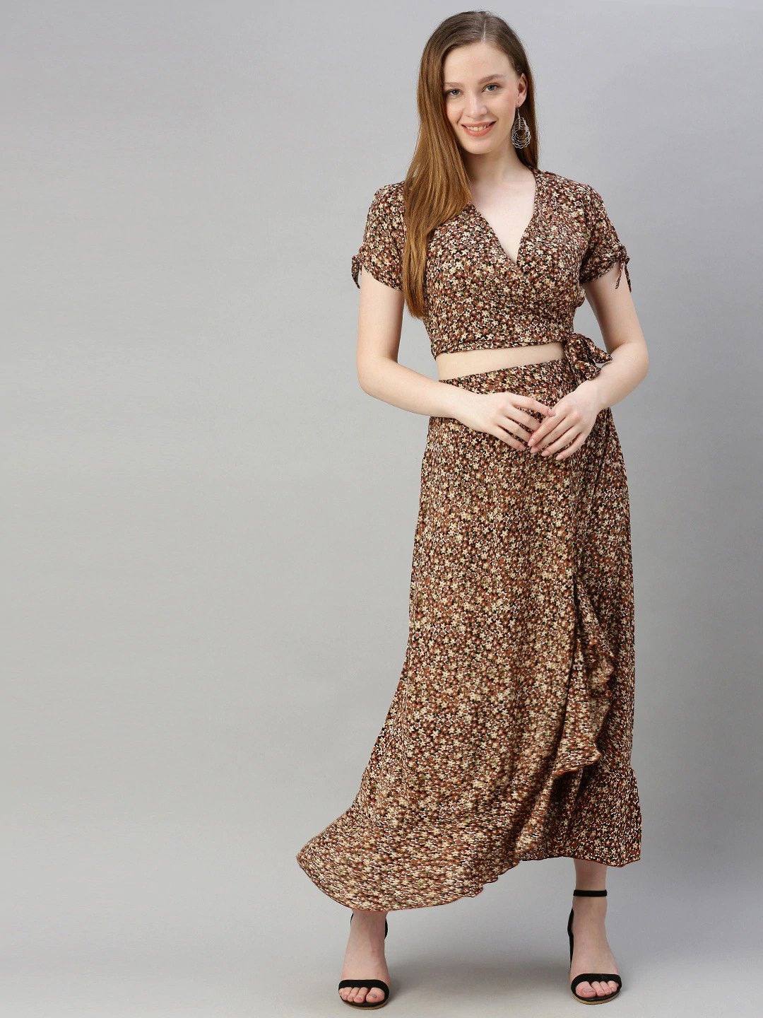 Brown & Beige Printed Wrap Top with Skirt